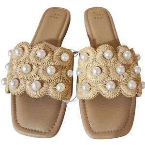 NWT A New Day Tan Raffia & Pearl Slides 9 effortless elegance, resort-ready chic